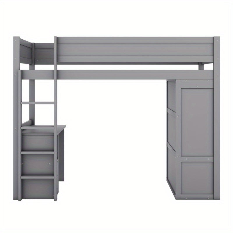 Hoogslaper – Stapelbed – Kinderbed – Eenpersoonsbed – Meubelbed – Ruimtebesparend Design – Stevige Niet-Houten Constructie – Inclusief Kledingkast, Bureau en Lade – Neutraal Grijs – Eenvoudige Montage