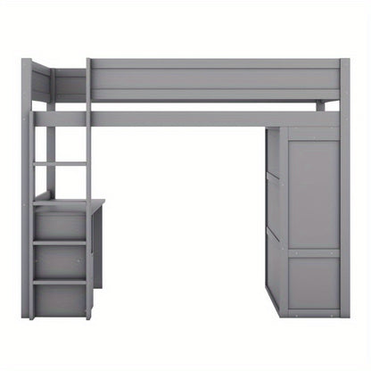 Hoogslaper – Stapelbed – Kinderbed – Eenpersoonsbed – Meubelbed – Ruimtebesparend Design – Stevige Niet-Houten Constructie – Inclusief Kledingkast, Bureau en Lade – Neutraal Grijs – Eenvoudige Montage