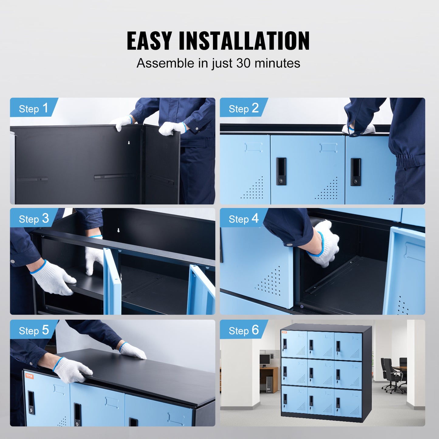 Lockerkast – Opbergkast – Kledingkast – Metalen Kast – Lockers – 9 Deuren Met Slot – Robuust Stalen Design 90x45x94 cm - Zwart-Blauw