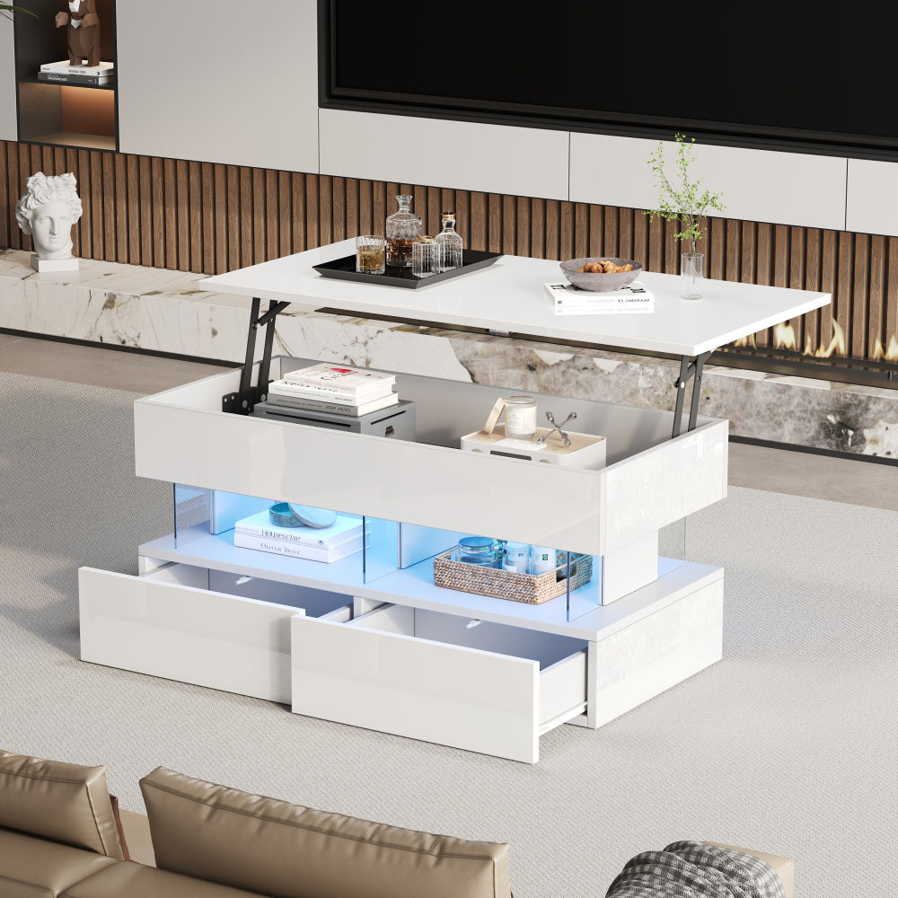 Salontafel – Koffietafel – Tafel – Woonkamertafel – Bijzettafel – Verstelbare Hoogte – Uitschuifbare Opbergruimte – Glanzend Wit – Lift-Top Mechanisme