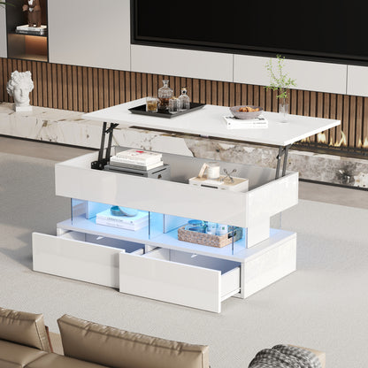 Salontafel – Koffietafel – Tafel – Woonkamertafel – Bijzettafel – Verstelbare Hoogte – Uitschuifbare Opbergruimte – Glanzend Wit – Lift-Top Mechanisme