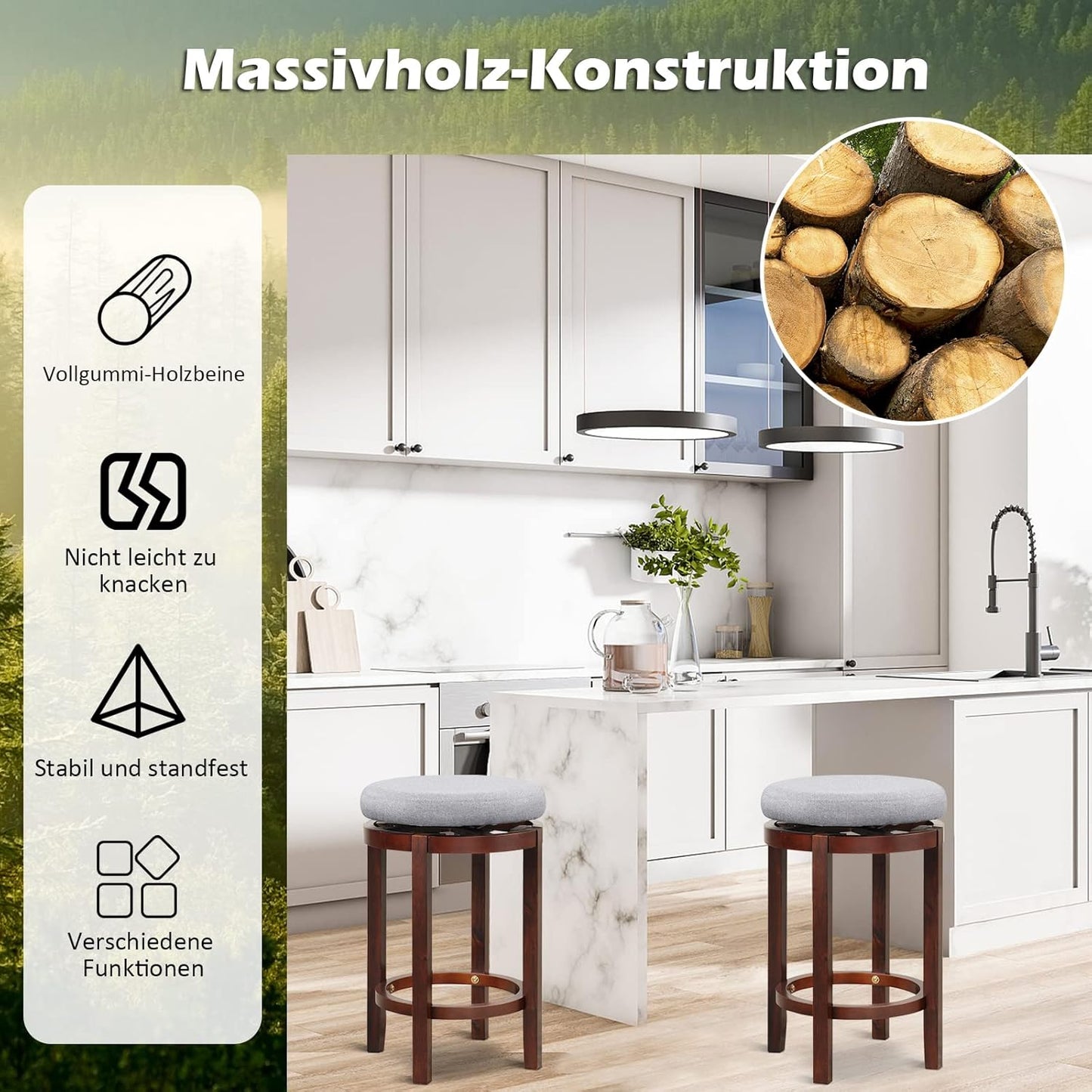 Barkrukken – Barstoelen – Keukenstoelen – Caféstoelen – Draaibare Krukken – 360° Draaibaar – Rubberen Houten Poten – Comfortabel Linnen Zitting – Set Van 2 – 66 cm Hoogte – Grijs/Naturel