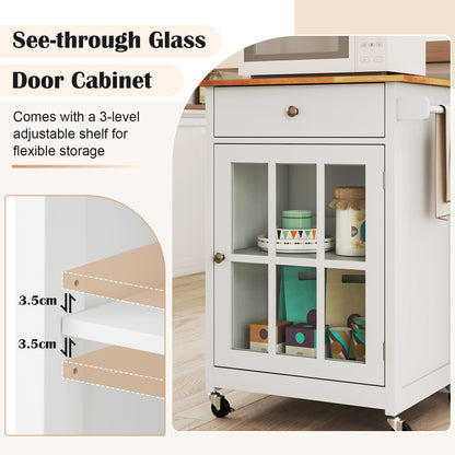 Keukentrolley – Keukenwagen – Keukenkast – Werktafel – Barwagen – Met Rubberen Houten Blad – Lockbare Zwenkwielen – Tempered Glas Deur – Verstelbare Plank – Lade – Handdoekhouder – Mobiele Werkplek 65 cm
