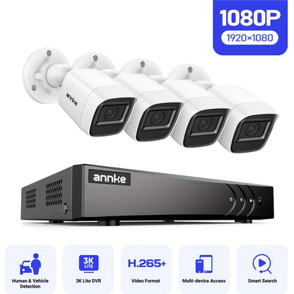 Beveiligingscamera – Camerabewaking – Bewakingscamera – Buitencamera – 16-kanaals 3K systeem – AI Mens- & Voertuigdetectie – 4x 1080P Bekabelde Camera’s met Nachtzicht 19,8m – H.265+ DVR Opname