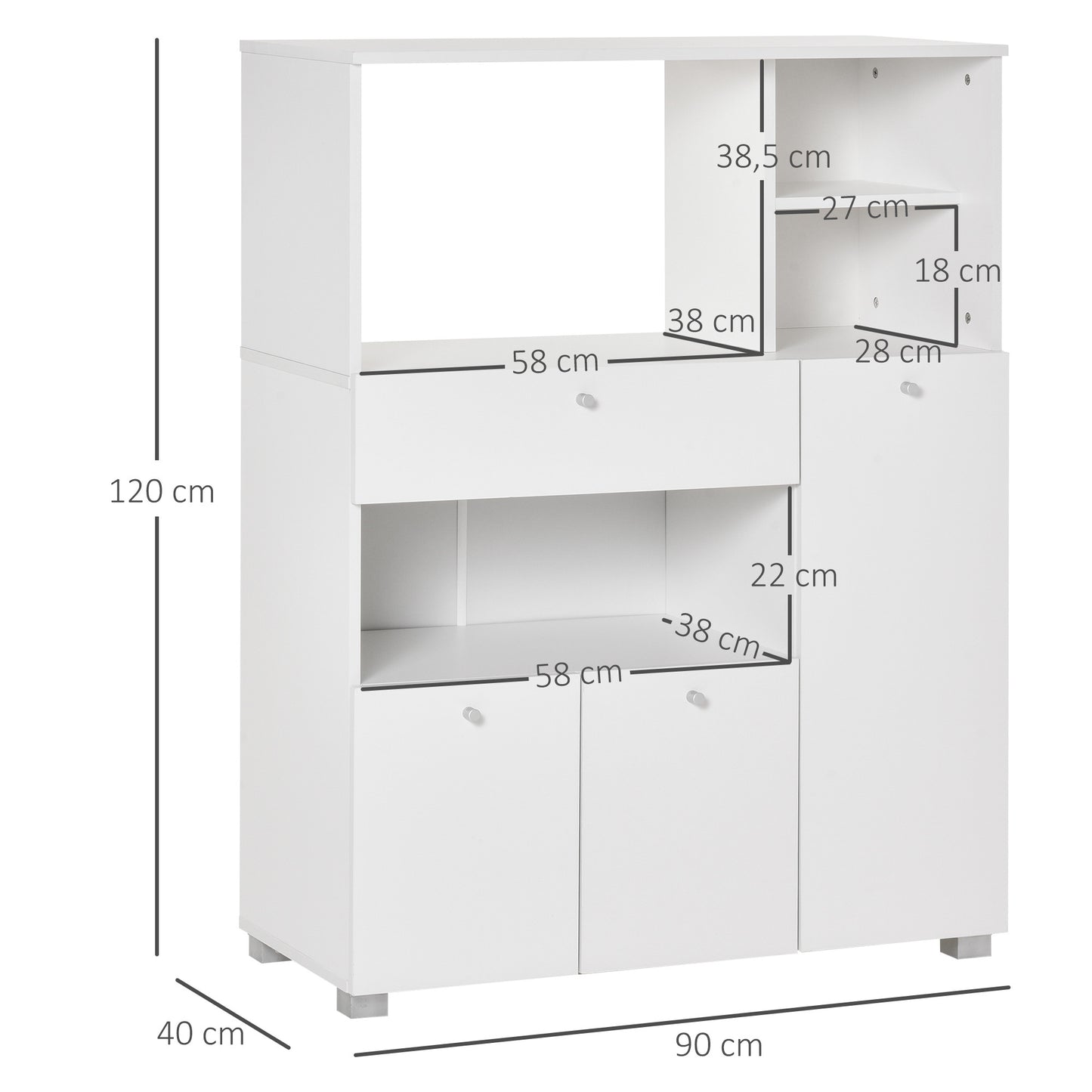 Microwavekast – Keukenkast – Opbergkast – Buffetkast – Keukenmeubel – 90x40x120 cm – Wit Hout met Schuiflade