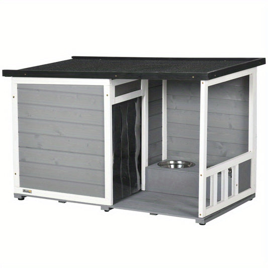 Hondenhok – Hondenhuis – Hondendome – Hondenverblijf – Hondenkennel – Weerbestendig Grenenhout – Met Terras en 2 Voerbakken – Grijs Asfalt Dak – 103x62x60 cm