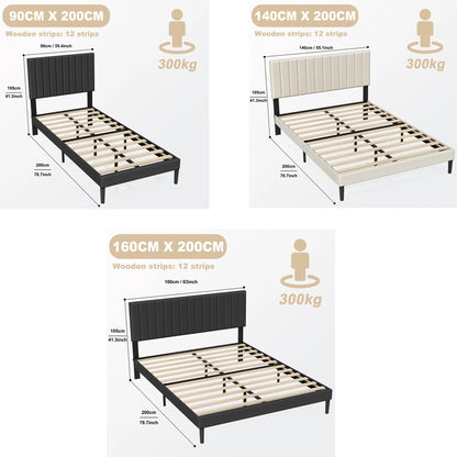 Metalen Bedframe – Metaal Ledikant – IJzeren Bed – Bedframe Eenpersoons – Minimalistisch Bed – Gestoffeerd Hoofdbord – 90x200 cm – Draagkracht 300 kg – Voorgemonteerd – Zwart Frame Beige Fluwelen Hoofdbord