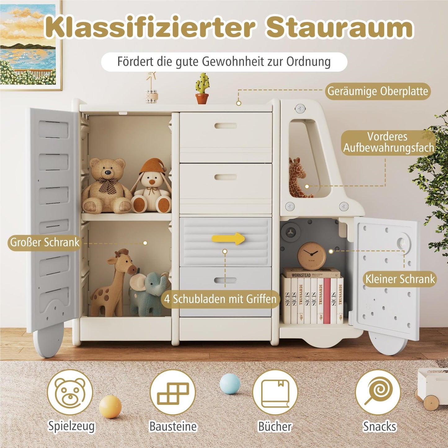Speelgoedrek Bus – Kindershelf – Opbergkast – Kinderboekenrek – Speelgoedkast – Met Whiteboard – 111 x 34 x 94 cm – Veilig HDPE & PP Materiaal