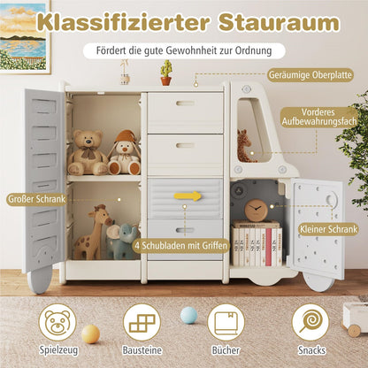 Speelgoedrek Bus – Kindershelf – Opbergkast – Kinderboekenrek – Speelgoedkast – Met Whiteboard – 111 x 34 x 94 cm – Veilig HDPE & PP Materiaal