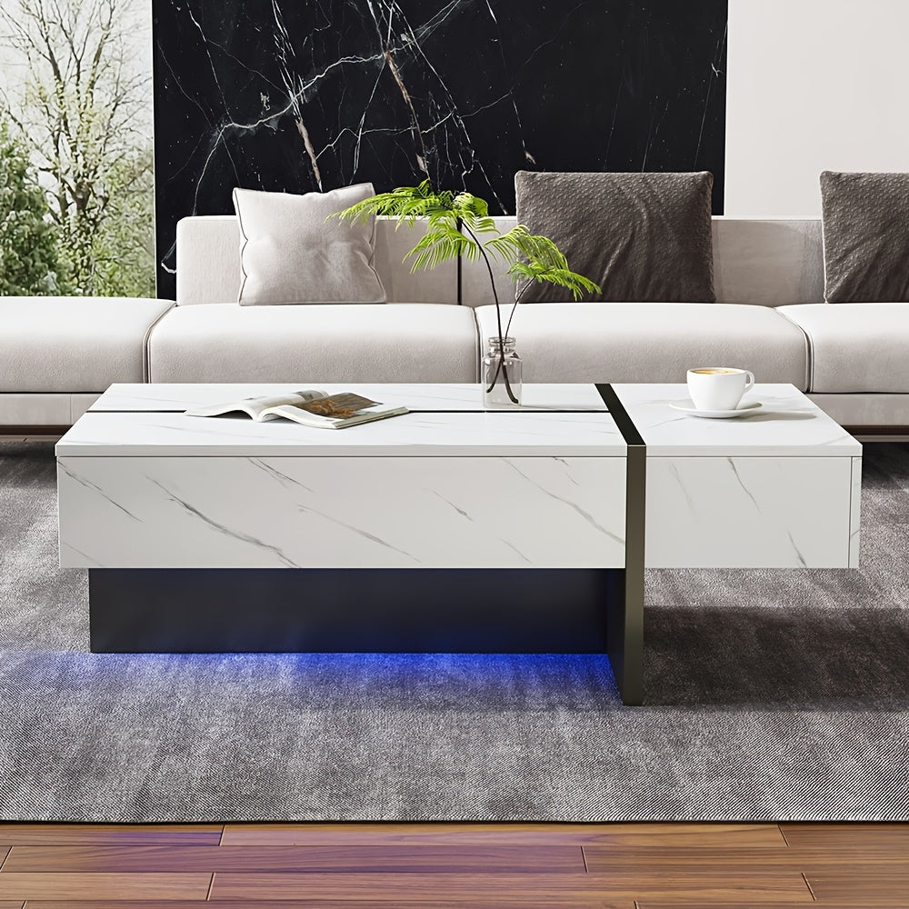 Witte Salontafel – Koffietafel – Bijzettafel – Tafel – Meubel – Marmerlook – Hoogglans Tafelblad – Bamboe Materiaal