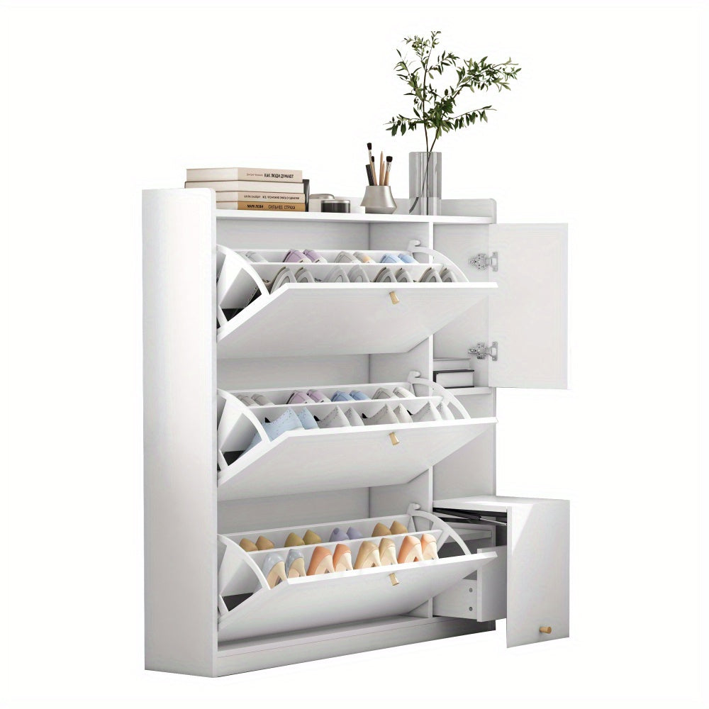 Modern White Multifunctional Tilting Shoe Cabinet with 3-Tier Folding Drawers & Bench - Freestanding Entryway Storage with Space-Saving Design, Space-Saving Shoe Rack, Durable Non-Wood Construction for Hallway, Foyer, Small S