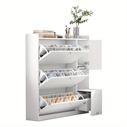 Modern White Multifunctional Tilting Shoe Cabinet with 3-Tier Folding Drawers & Bench - Freestanding Entryway Storage with Space-Saving Design, Space-Saving Shoe Rack, Durable Non-Wood Construction for Hallway, Foyer, Small S