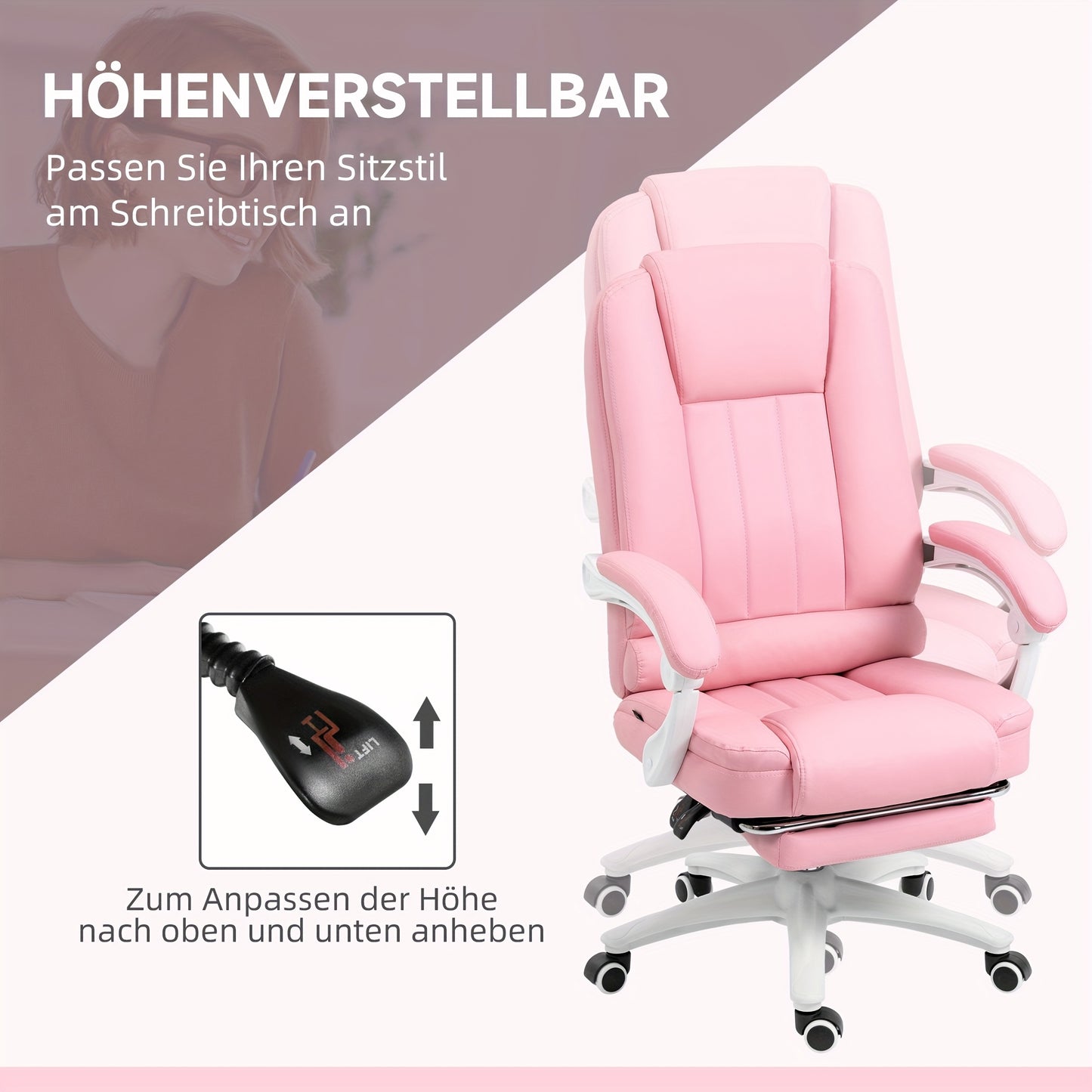 Bureaustoel – Bureaustoel – Kantoorstoel – Fauteuil – Bureaustoelen – Roze – Verstelbare Hoogte – Ingebouwde Voetensteun