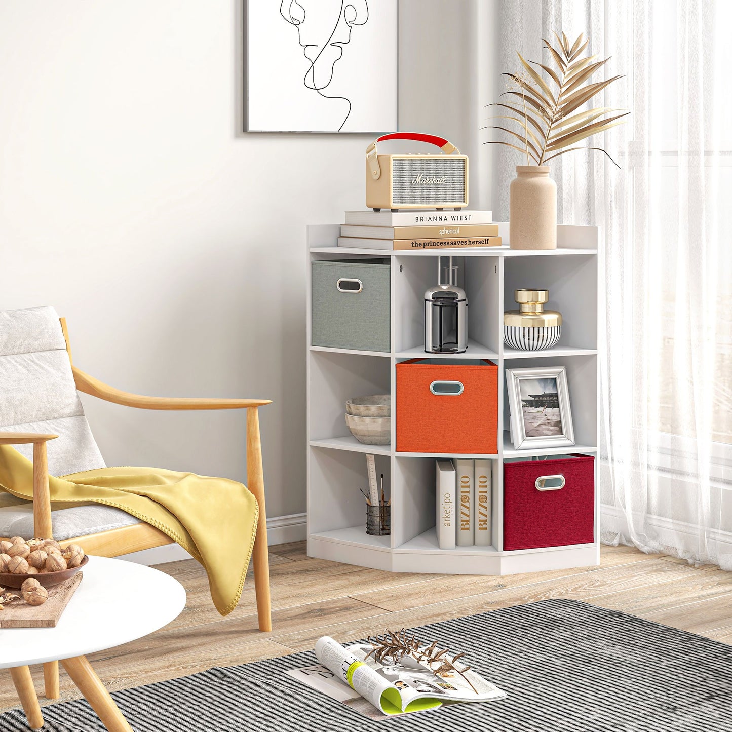 Hoekopberger – Opbergruimte Meubel – Opbergkast – Kast Met Laden – Kinderkast – Wit – 9 Vakken Met 3 Uitneembare Lades – MDF 1,5 Cm Dikte