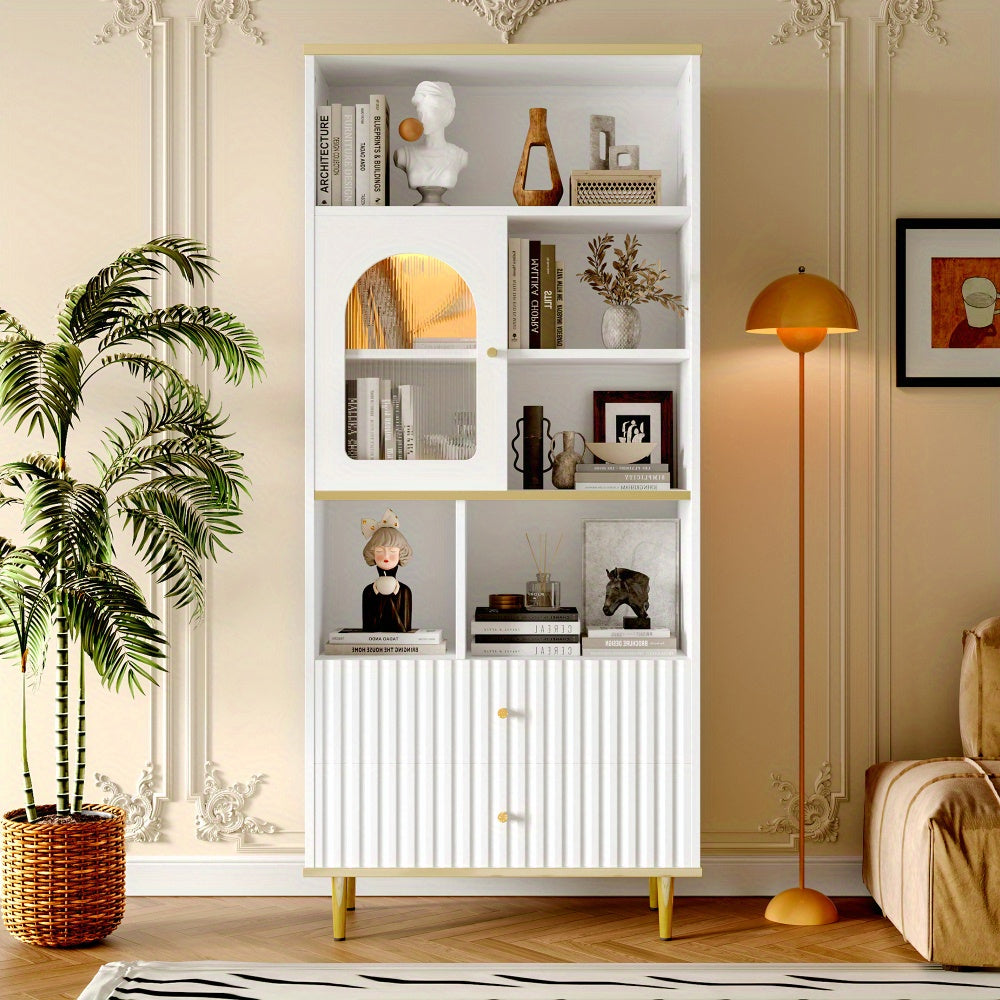 Boekenkast – Boekenrek – Opbergkast – Vakkenkast – Stellingkast – Wit – Transparante Deuren – Geruisloze Laden – 78x36x180 cm – Metalen Voet – Vrijstaand Design