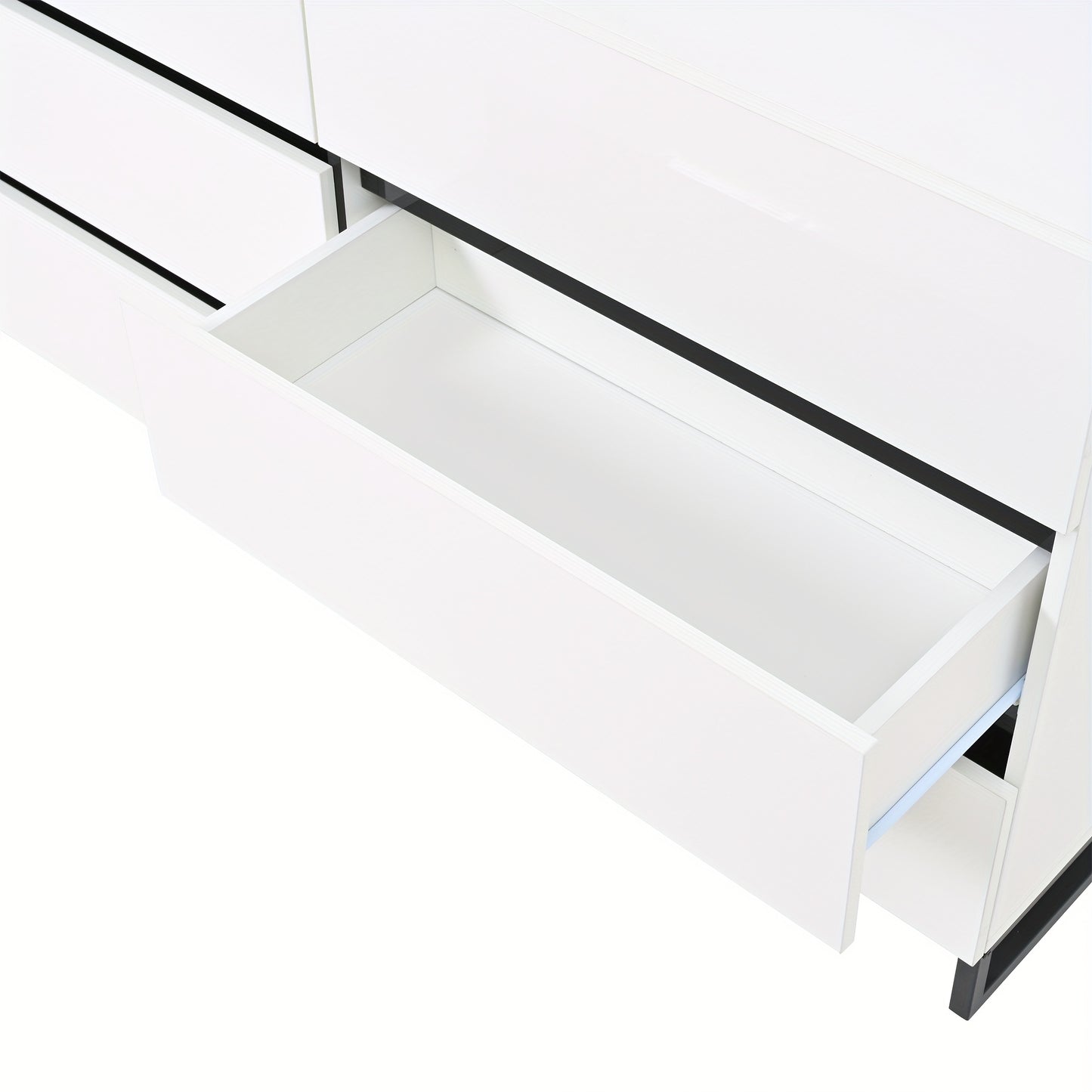 Modern White & Black Metal Living Room Sideboard Cabinet with 6-Drawer Storage - Heavy-Duty Glossy Chest of Drawers with 3 Sturdy Metal Legs, Spacious Contemporary Furniture for Home Organization, 140x39.5x78.5cm, Ideal for A