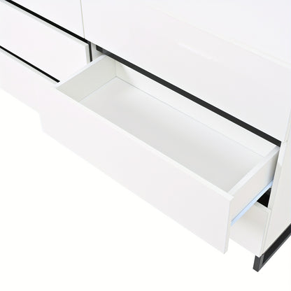 Modern White & Black Metal Living Room Sideboard Cabinet with 6-Drawer Storage - Heavy-Duty Glossy Chest of Drawers with 3 Sturdy Metal Legs, Spacious Contemporary Furniture for Home Organization, 140x39.5x78.5cm, Ideal for A