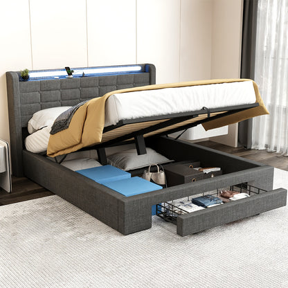 Bedframe – Gestoffeerd Bed – Slaapbank – Opbergbed – Platformbed – 140x200 cm – Hydraulische Lift & Lade – USB LED Verlichting – Grijs Linnen – Hout & Spaanplaat