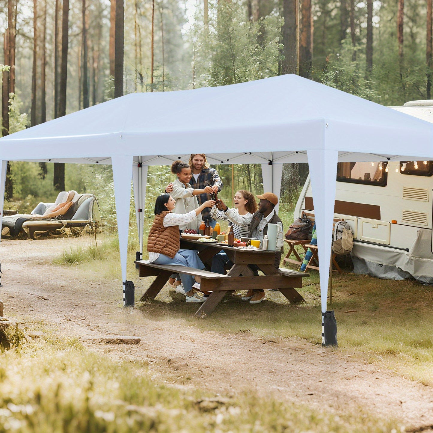 Partytent – Paviljoen – Tuintent – Feesttent – Opvouwbare Tent – 590x300 cm – Pop-up & Verstelbare Hoogte – Waterbestendig Oxford Stof met Draagtas met Wieltjes