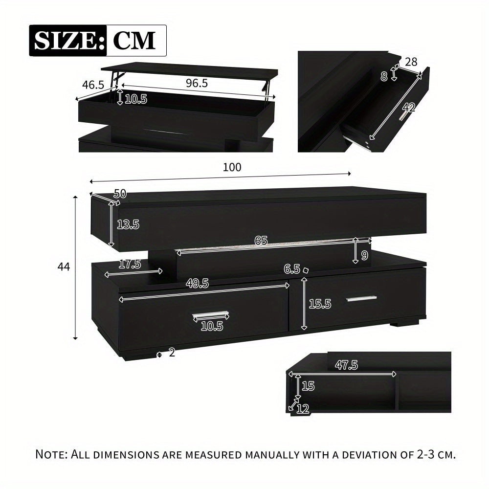 Adjustable Height Coffee Table with 2 Drawers & Open Storage - Lift-Up Design, Black Metal Frame, 100x50x44cm, Modern Contemporary Style for Living Room, Bedroom, Office - Easy Assembly, No Power Needed, Coffee Table for Livi