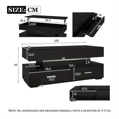 Salontafel – Koffietafel – Bijzettafel – Woonkamertafel – Tafeltje – Verstelbare Hoogte – 2 Lades & Open Opbergruimte – Zwart Metalen Frame – 100x50x44 cm – Modern Design