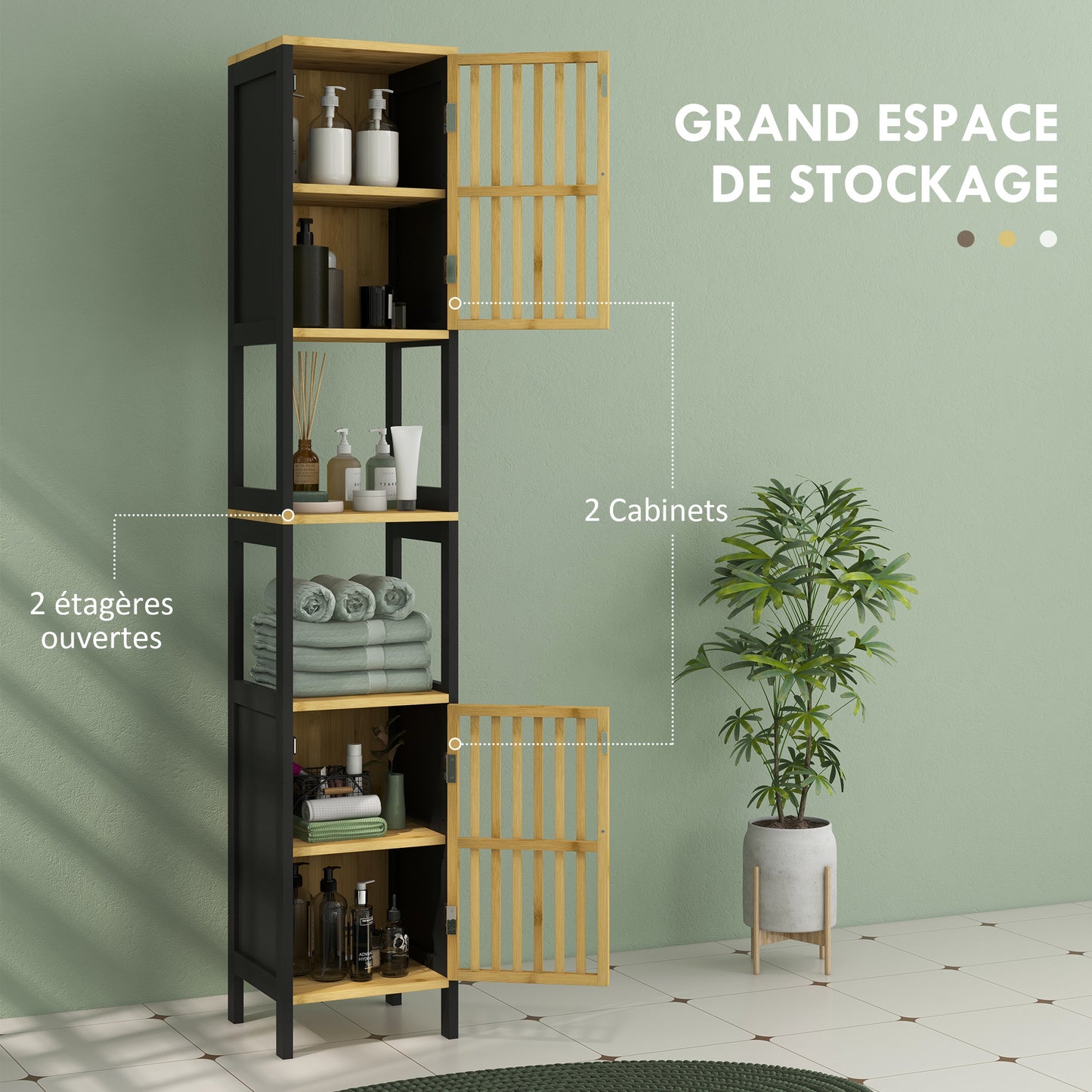 Badkamer Kolomkast – Opbergkast – Standaardkast – Badkamermeubel – Kast Met Deuren – Twee Deuren En 2 Open Niches – Compact 30x32x172 cm – Anti-Kantel Veilig