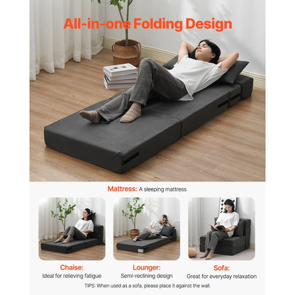 Bedbank – Klapbank – Slaapbank – Slaapstoel – 3-in-1 Multifunctioneel – Donkergrijs – Hoogwaardig Veerkrachtig Schuim – Afneembare Wasbare Hoes