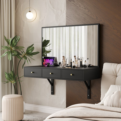 Modern Black Wall-Mounted Vanity Unit with Mirror - 3-Drawer Storage, Tablet Holder & Cup Rack, Space-Saving Bathroom/Bedroom Organizer, Metal Construction, Easy Assembly, 100.08cm Height, 3.2 Cu Ft Capacity, No Batteries/Ele