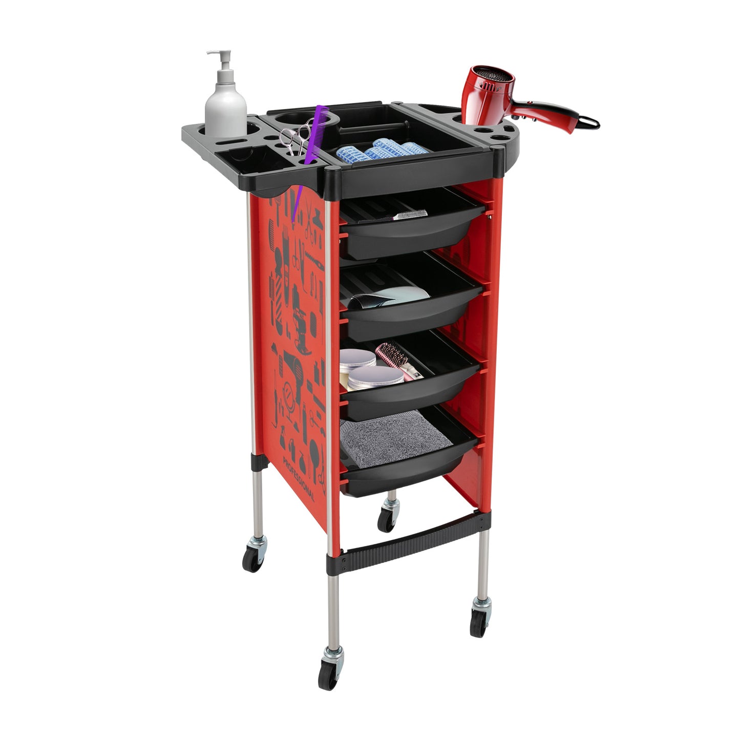 Salonwagen – Kappers Trolley – Werkwagen – Beauty Trolley – Nagelwagen – 5 Lagen Met 4 Laden – Roestvrij Staal & Kunststof – 360° Draaibare Antislip Wieltjes – Zonder Elektriciteit