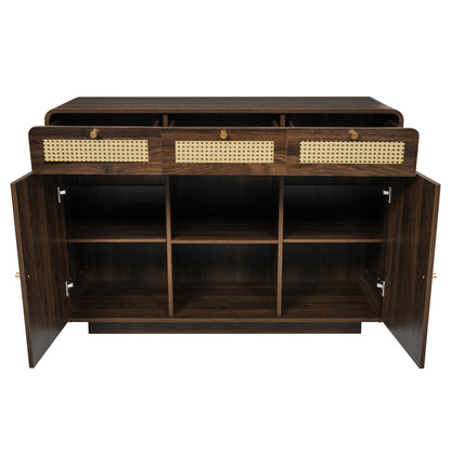 Dressoir – Sideboard – Opbergkast – Ladekast – Buffetkast – Notenhout Met Rattan Details – 120x40x85 Cm – Verstelbare Planken