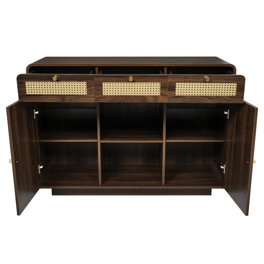 Dressoir – Sideboard – Opbergkast – Ladekast – Buffetkast – Notenhout Met Rattan Details – 120x40x85 Cm – Verstelbare Planken