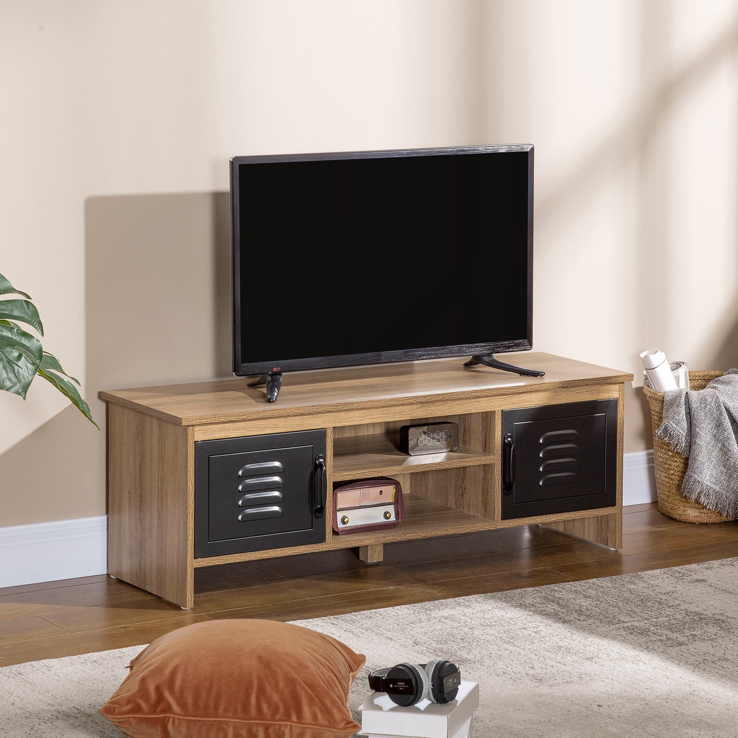 TV Meubel – TV Kast – Televisiemeubel – RTV Kast – Meubel – Industrieel Design – 110 cm Breed – Houtnerf Met Zwarte Metalen Deuren
