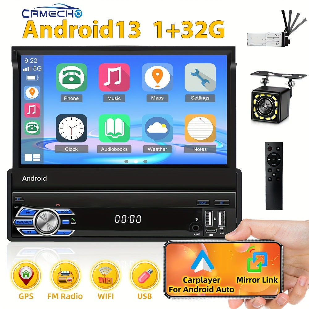 CAMECHO 1+32G Android Auto & Android 7.1 Car Stereo - 17.78cm Retractable Touchscreen Single DIN GPS/Wifi/Wireless, Wireless FM RDS Radio, Mirror Link, Steering Wheel Control, External Storage for Smartphones/Tablets (CarPlay