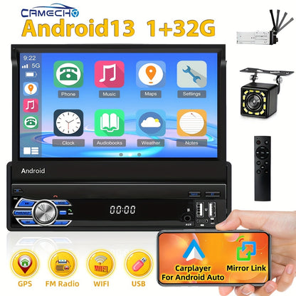 CAMECHO 1+32G Android Auto & Android 7.1 Car Stereo - 17.78cm Retractable Touchscreen Single DIN GPS/Wifi/Wireless, Wireless FM RDS Radio, Mirror Link, Steering Wheel Control, External Storage for Smartphones/Tablets (CarPlay