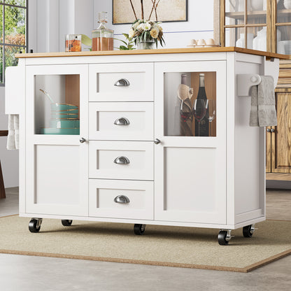 White Mobile Kitchen Island Cart with 4 Drawers, 2 Doors & Adjustable Shelves - Heavy-Duty Metal Frame on Locking Casters, Pull-Out Trolley, Spice Rack & Towel Rail - Compact Rolling Cabinet for Small Spaces, Easy Assembly (N