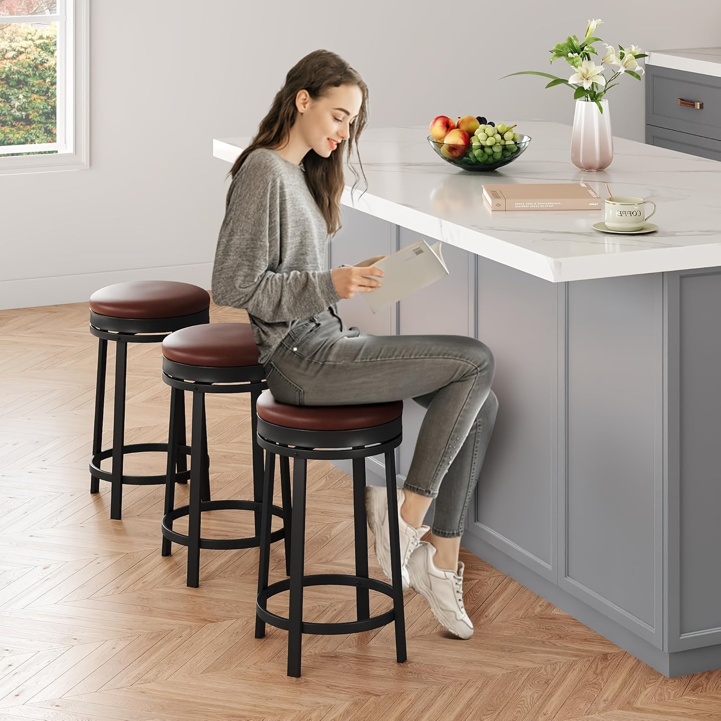Barkrukken – Barstoelen – Keukenstoelen – Eetkamerstoelen – Industrieel – Draaibare Zitting 360° – Metalen Frame – 60,96 cm Hoogte – Kunstleer – Set Van 4 – Voetsteun – Ruimtebesparend – Comfortabel