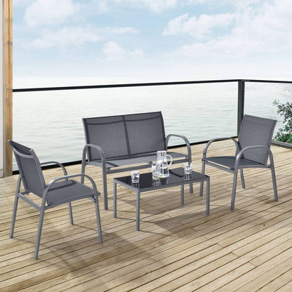 Tuinset – Tuinmeubelset – Bistroset – Loungeset – Balkonset – Stalen Frame – Glasplaat Tafel – Lichtgrijs – 2 Persoons Bank – 2 Stoelen