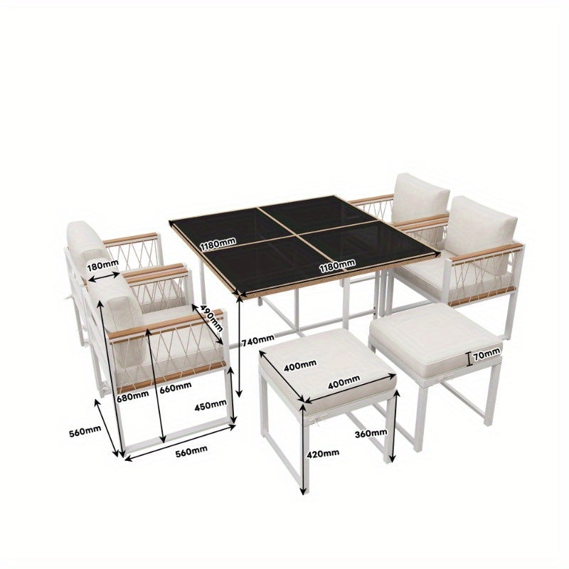 Tuinset – Diningset – Bistroset – Buitenmeubelset – Loungeset – 7-delig – 6 Personen – Tafel met Gehard Glas – Stoelen met PE Rattan en Acacia Hout