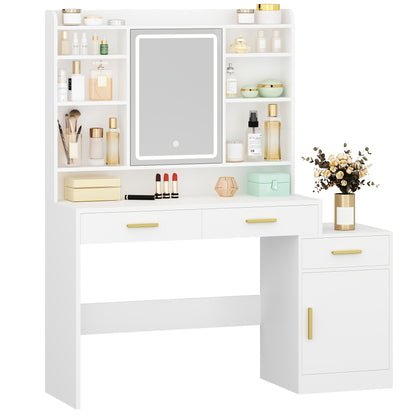 Sieradenkast – Kaptafel – Spiegelkast – Juwelenkast – Opbergkast – Groot Tafelblad – LED Verlichting – 3 Lades & 1 Kast – Wit – 40x130x149 cm