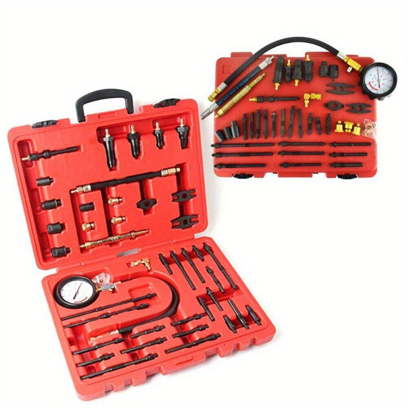 Compressietester – Drukmeter – Motorcompressietester – Cilinderdruktester – Testset – Geschikt Voor Benzine En Diesel – Meet Tot 40 BAR / 600 PSI – Inclusief Diverse Adapters – Met Opbergcase – Rood