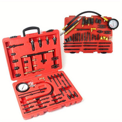 Compressietester – Drukmeter – Motorcompressietester – Cilinderdruktester – Testset – Geschikt Voor Benzine En Diesel – Meet Tot 40 BAR / 600 PSI – Inclusief Diverse Adapters – Met Opbergcase – Rood