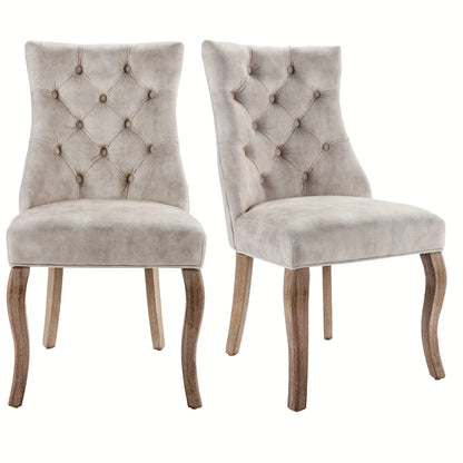Eetstoel – Eetkamerstoel – Kuipstoel – Stoel – Stoeltjes – Lichtbeige Fluwelen Bekleding – Hoge Rugleuning Met Knoopstiksels – Massief Houten Frame – Set Van 2