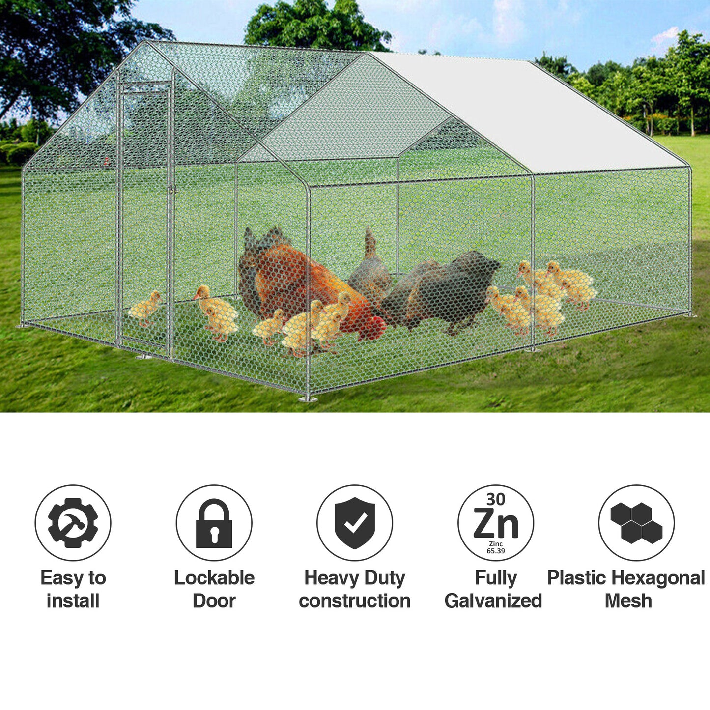 Chicken Coop Free-Range Free-Range Enclosure Animal Run Galvanized Outdoor Pen Cage for Chickens Waterproof Animal Enclosure Rabbit Cage Aviary Chicken House Chicken Cage PE Roof (Polyethylene Roof) Chick Coop Outdoor Enclosu