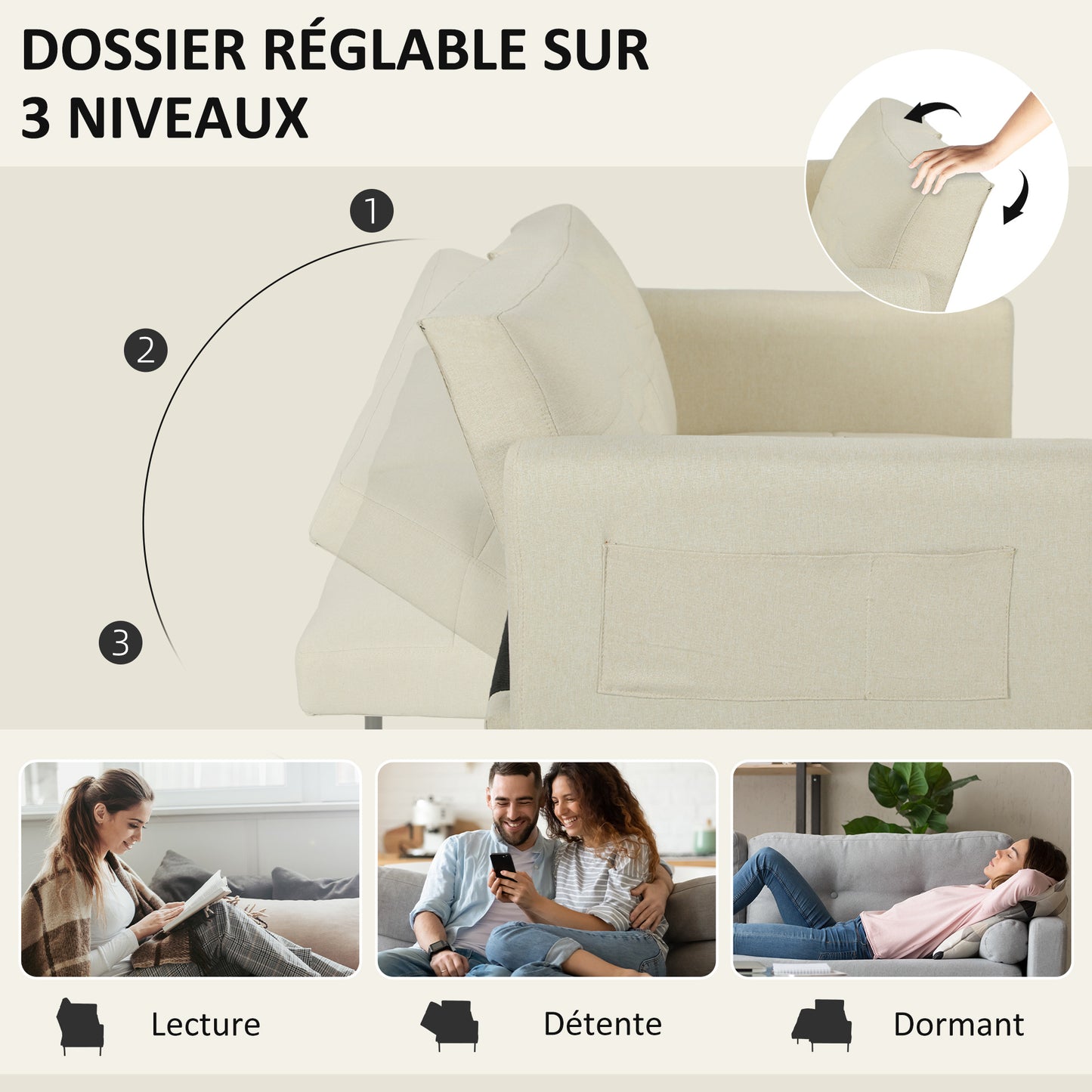 Bankbed – Slaapbank – Bedbank – Zetelbed – Logeerbed – 3-Zits – Verstelbare Rugleuning – Beige Linnenstof – Click-Clack Mechanisme – Zijvakjes