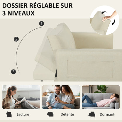 Bankbed – Slaapbank – Bedbank – Zetelbed – Logeerbed – 3-Zits – Verstelbare Rugleuning – Beige Linnenstof – Click-Clack Mechanisme – Zijvakjes