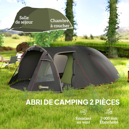 Familietent – Kampeertent – Buitentent – Tunneltent – Tent voor 4 Personen – Lichtgewicht Glasvezelframe – 3 Deuren en Ramen – Zwart – 360x250x130 cm