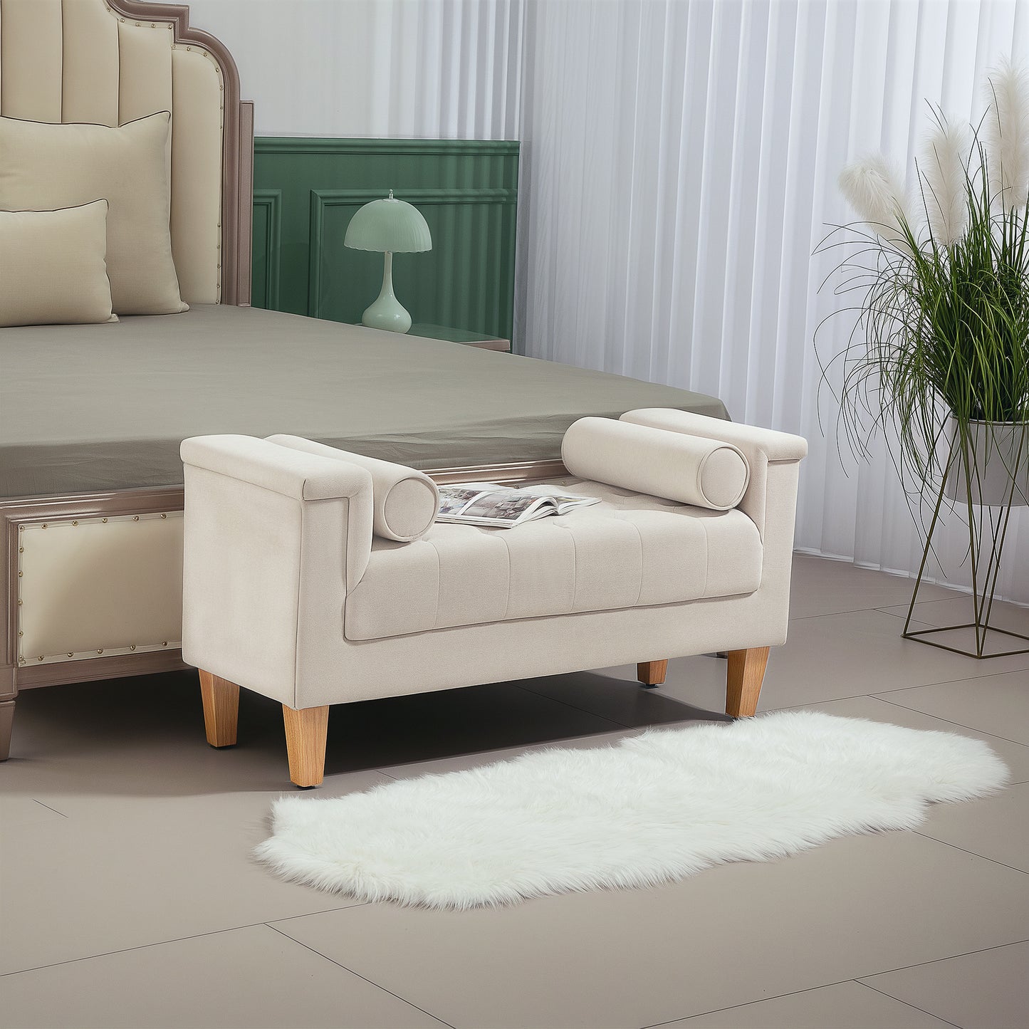Schoenenbank – Opbergbank – Zitbank – Schoenenkast – Bankje – Gestoffeerd Chenille – Met Zitkussen en Bergruimte – 115x44x58 cm – Houten Frame – Beige