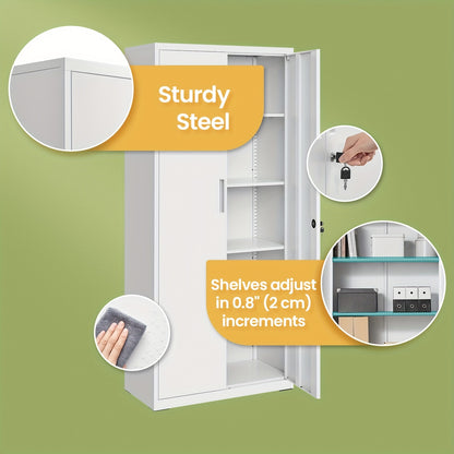 Stalen Kast – Opbergkast – Archiefkast – Kantoorkast – Werkplaatskast – Vergrendelbare Dubbele Deuren – Verstelbare Legplanken – Volledig Metalen Constructie – Modern Wit Design