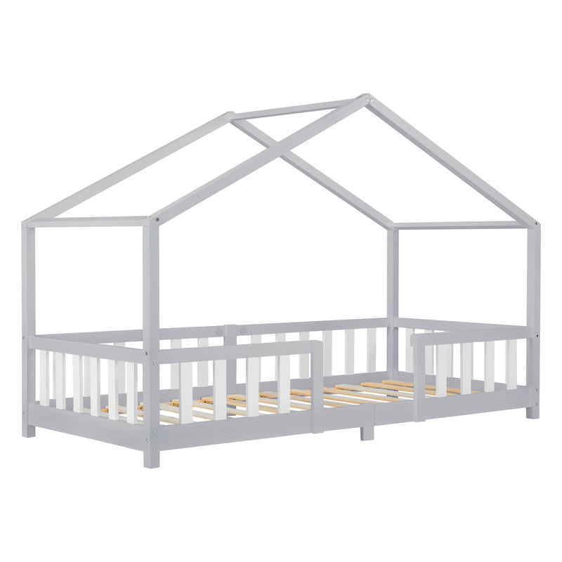 Kinderbed – Kinderbedden – Eenpersoonsbed – Bedbank – Hoogslaper – Lichtgrijs/Wit 90x200 cm – Massief Dennenhout – Valbeveiliging