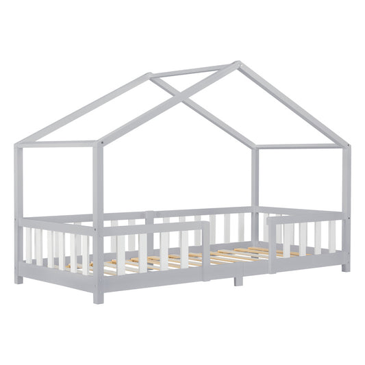 Kinderbed – Kinderbedden – Eenpersoonsbed – Bedbank – Hoogslaper – Lichtgrijs/Wit 90x200 cm – Massief Dennenhout – Valbeveiliging